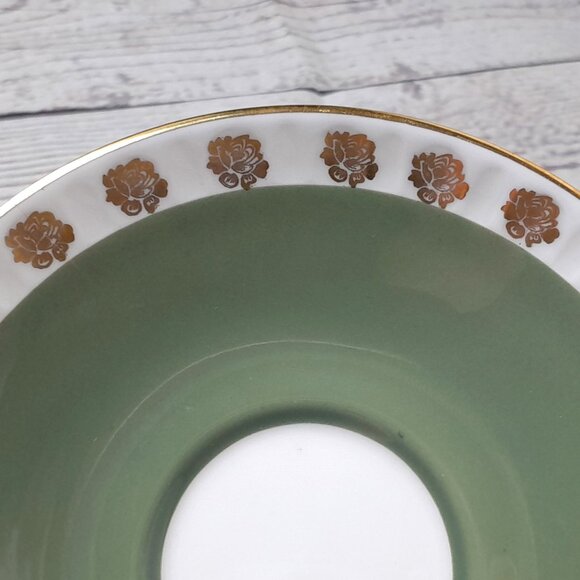 Crown Staffordshire Tea Cup And Saucer Green With Gold Roses E614 England - Picture 14 of 16